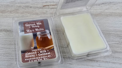 Wax melt packaging with a label on a wooden surface