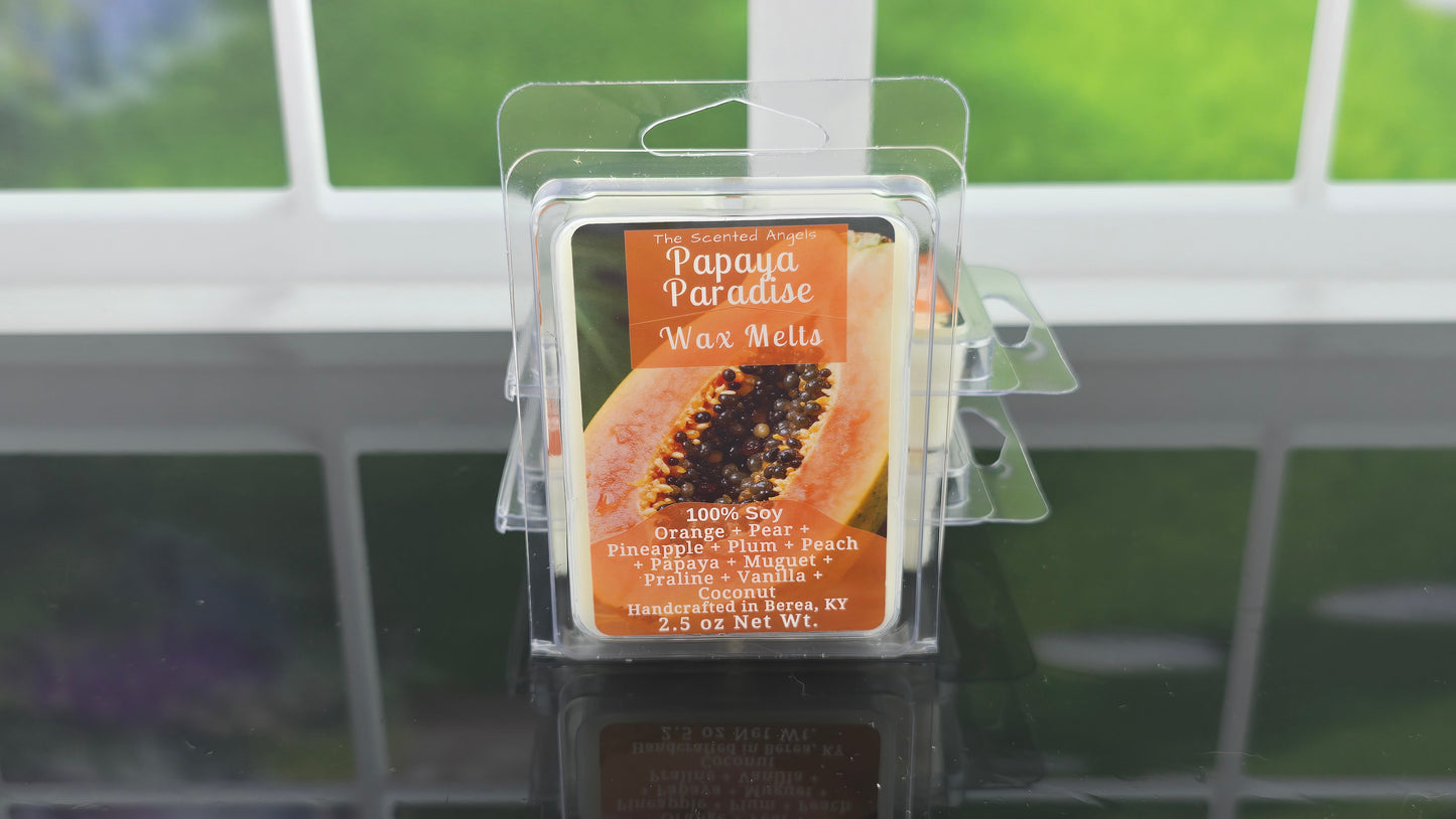 Papaya Paradise wax melt packaging in front of a window with greenery outside