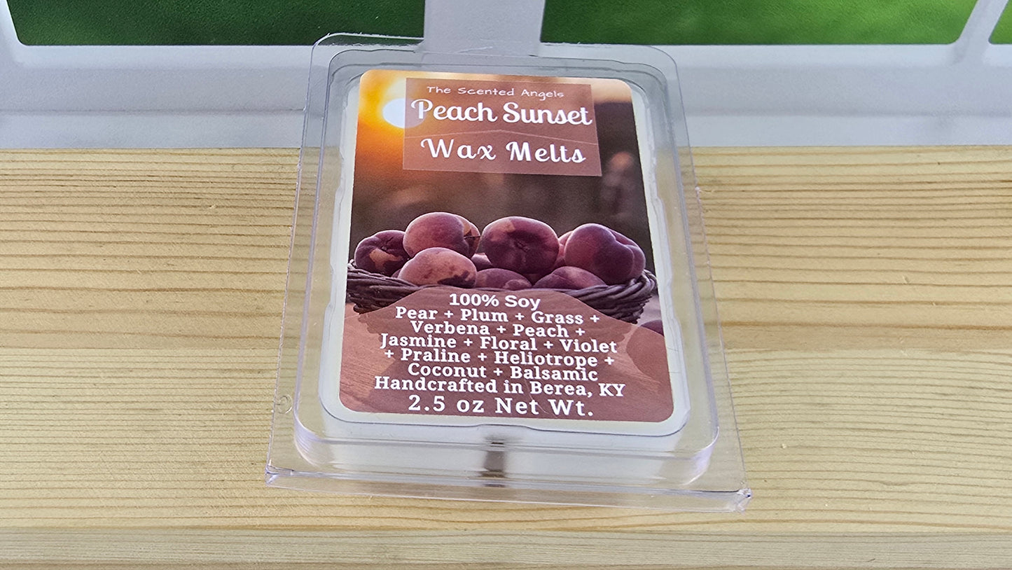 Peach Sunset Wax Melts packaging on a wooden surface