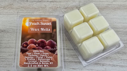 Peach Sunset wax melts packaging with wax melts on a wooden surface