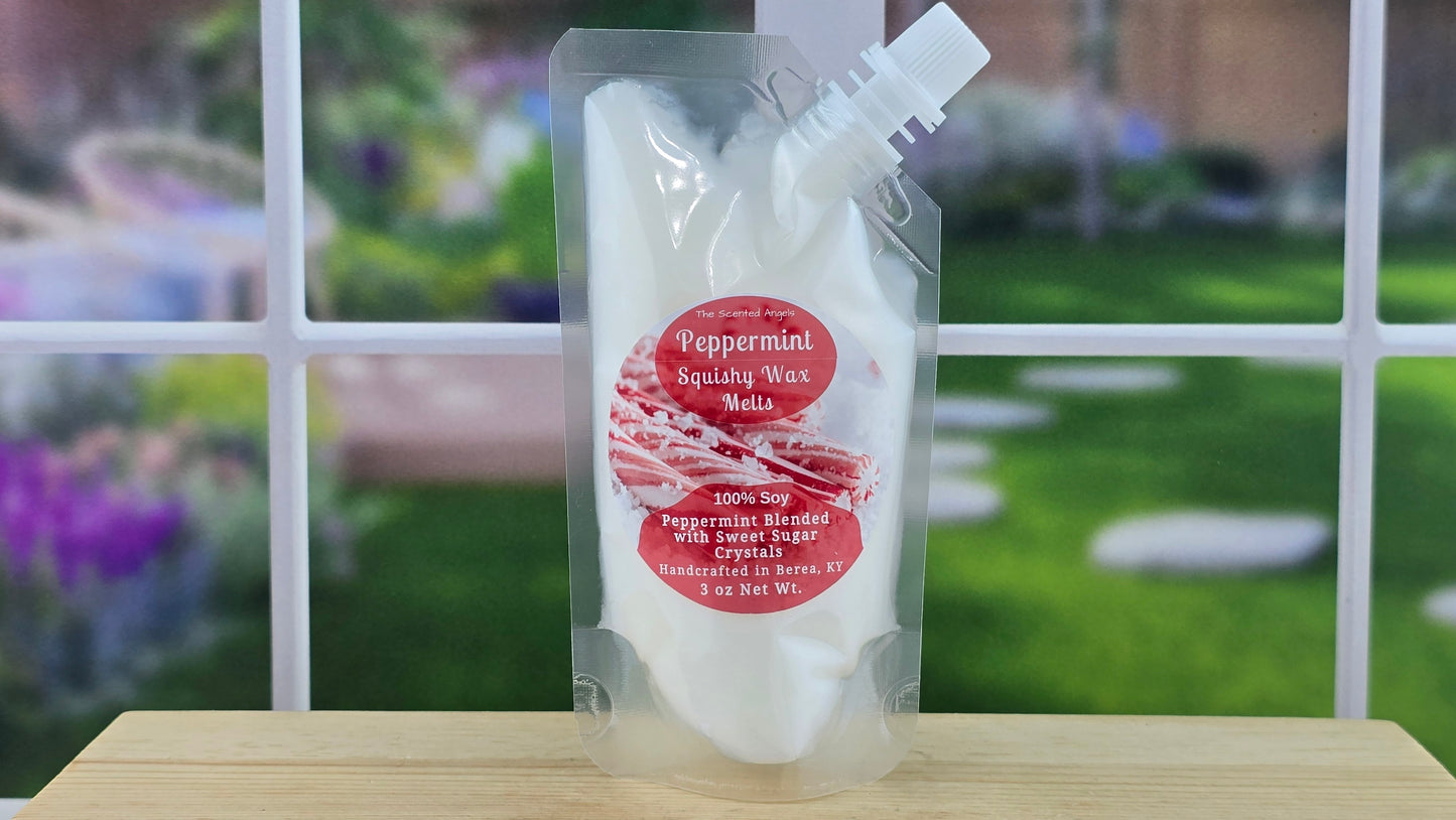 Peppermint squishy was pack on a wooden surface with a garden background