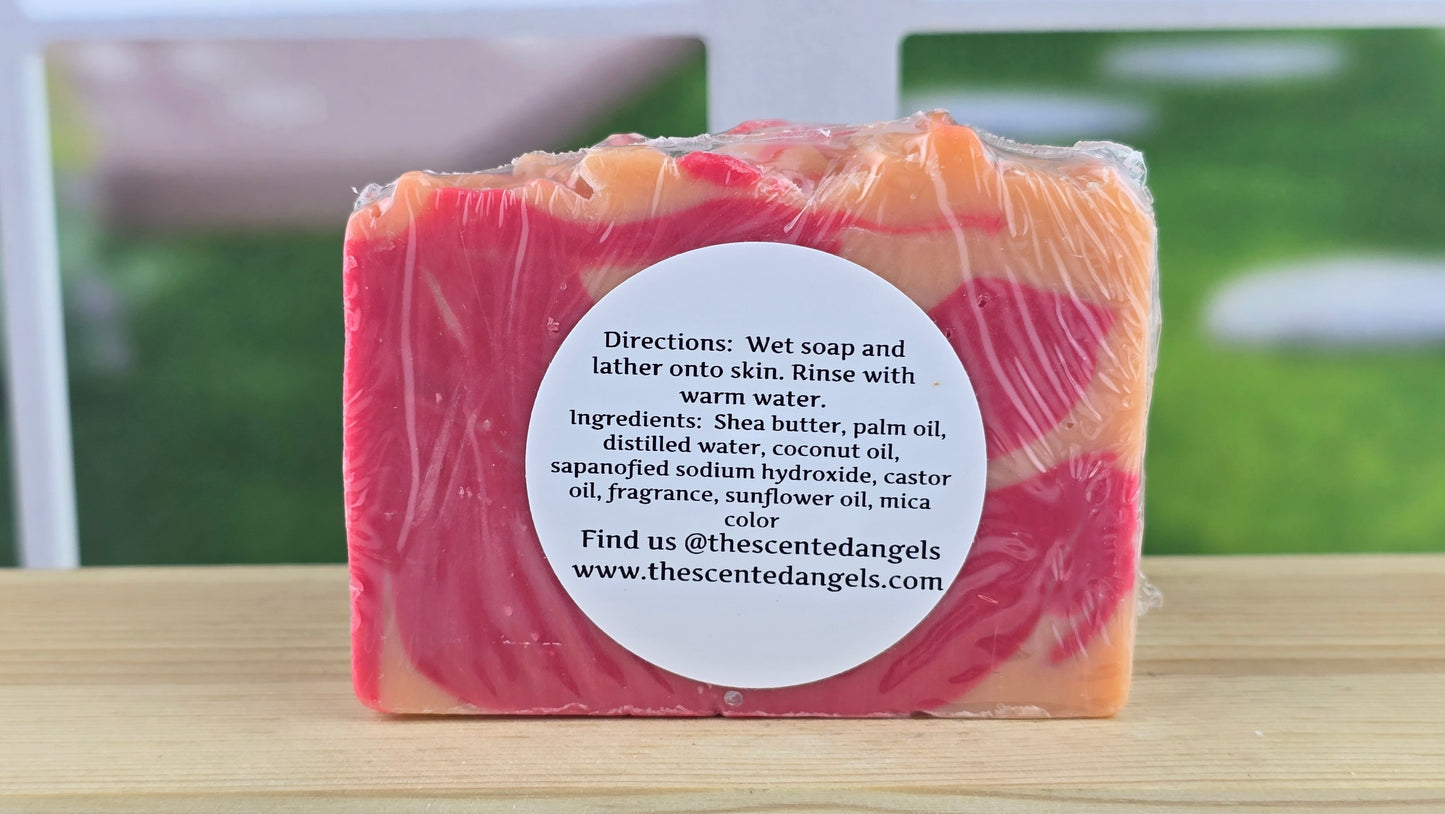 Handmade Pink Grapefruit vegan artisan soap with orange, grapefruit, rhubarb, orange flower, and jasmine. Small-batch soap by The Scented Angels.