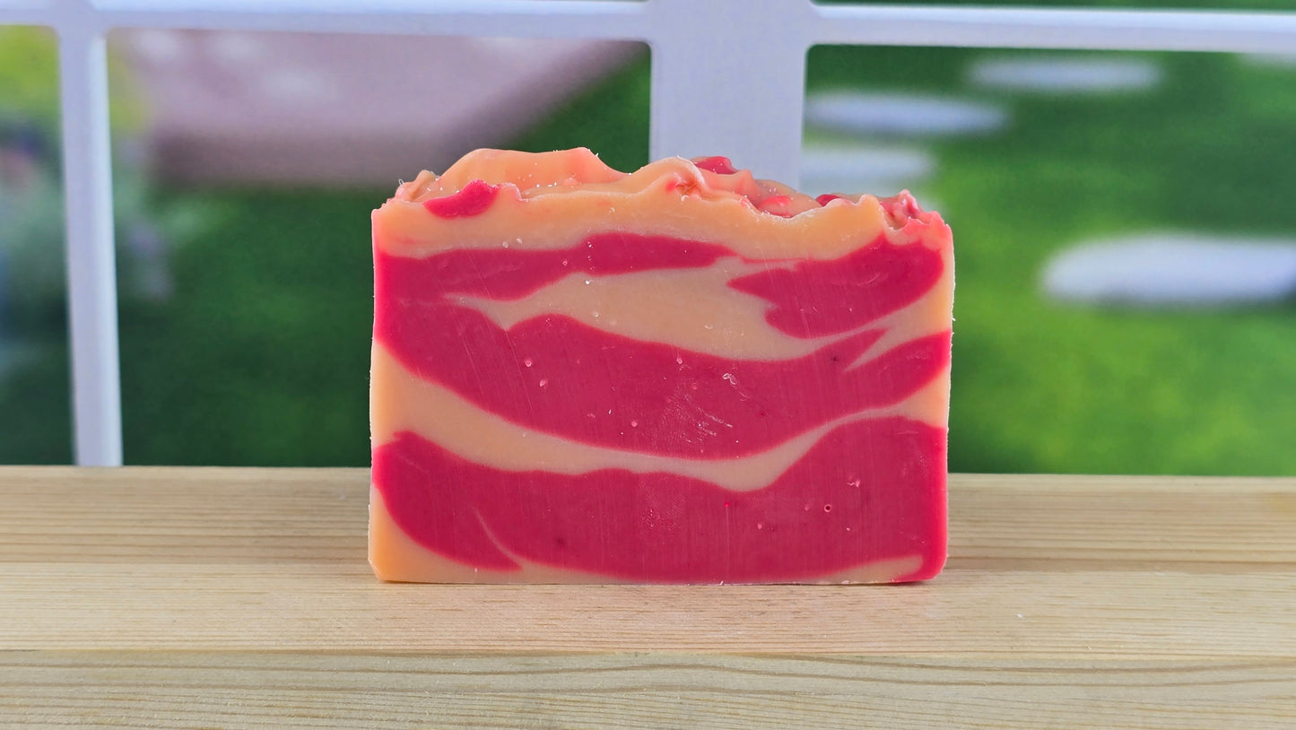 Handmade Pink Grapefruit vegan artisan soap with orange, grapefruit, rhubarb, orange flower, and jasmine. Small-batch soap by The Scented Angels.