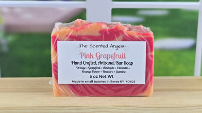 Handmade Pink Grapefruit vegan artisan soap with orange, grapefruit, rhubarb, orange flower, and jasmine. Small-batch soap by The Scented Angels.