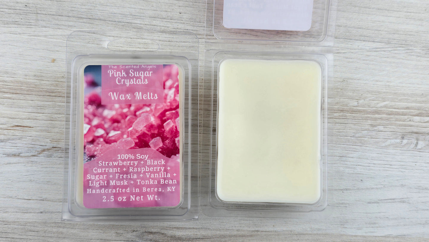 Pink sugar crystals wax melts packaging on a wooden surface