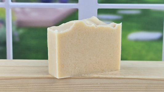 Plain Jane Bar of soap on a wooden surface with a blurred outdoor background