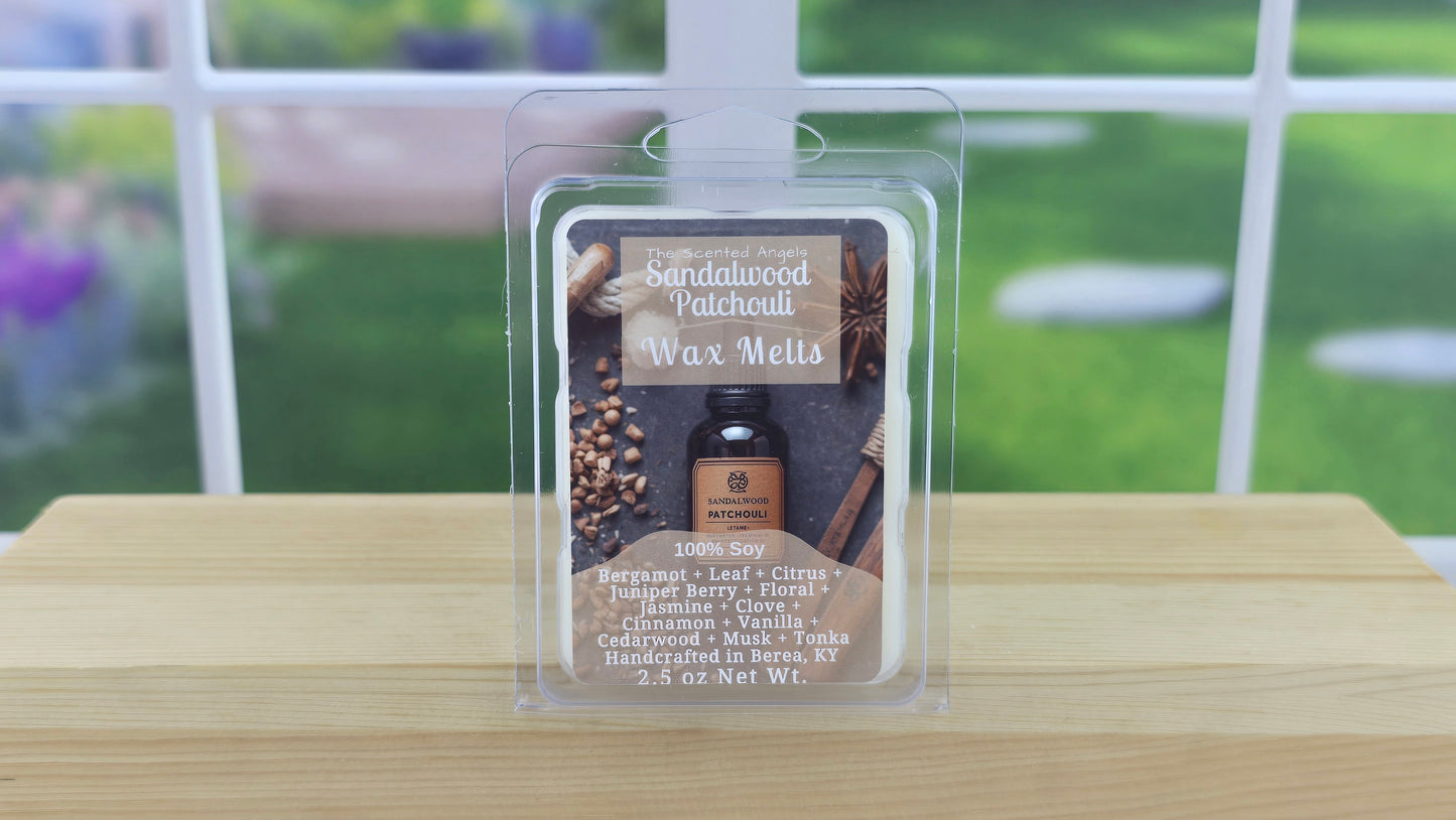 Sandalwood Patchouli wax melts handmade by The Scented Angels – warm earthy wood fragrance