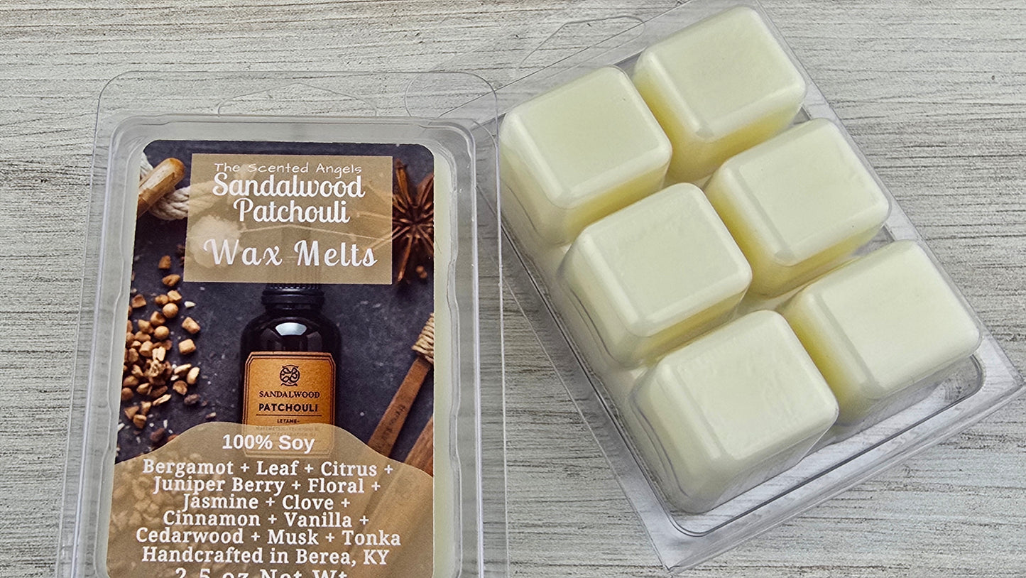 Sandalwood Patchouli wax melts handmade by The Scented Angels – warm earthy wood fragrance