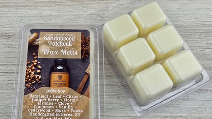 Sandalwood Patchouli wax melts handmade by The Scented Angels – warm earthy wood fragrance