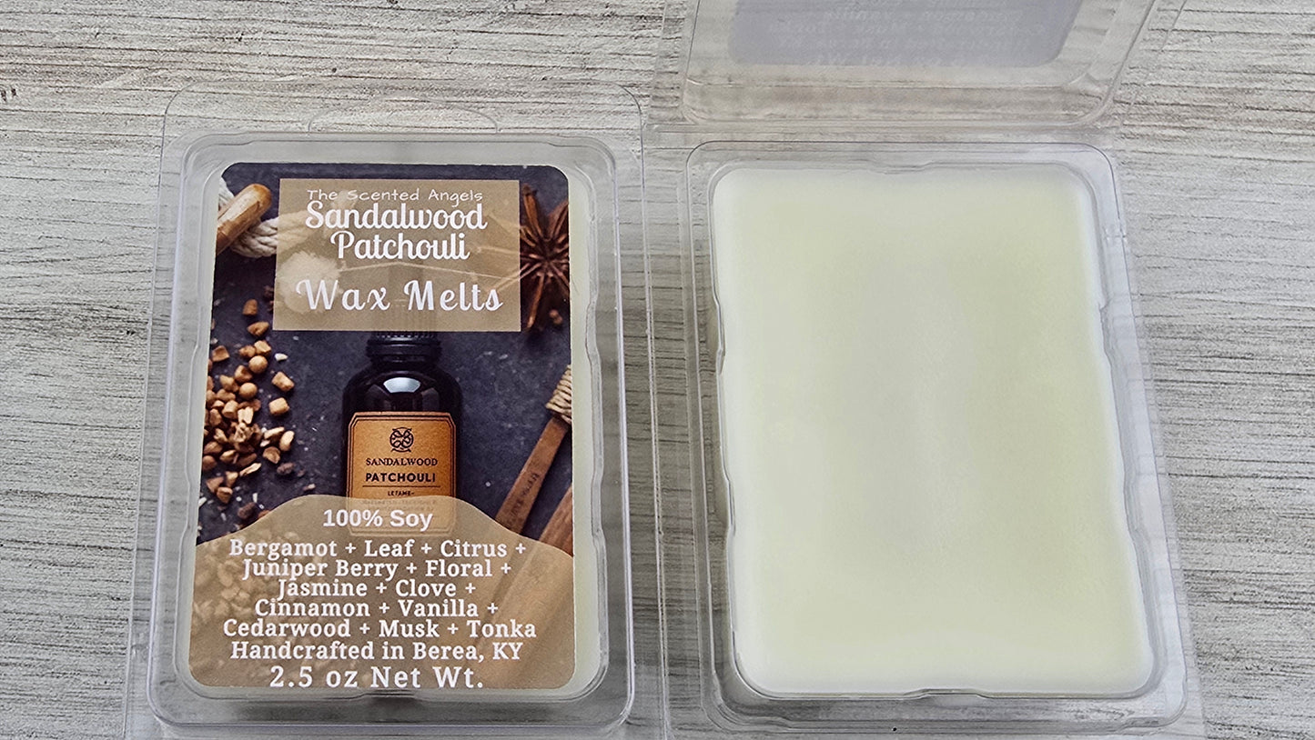 Sandalwood Patchouli wax melts handmade by The Scented Angels – warm earthy wood fragrance