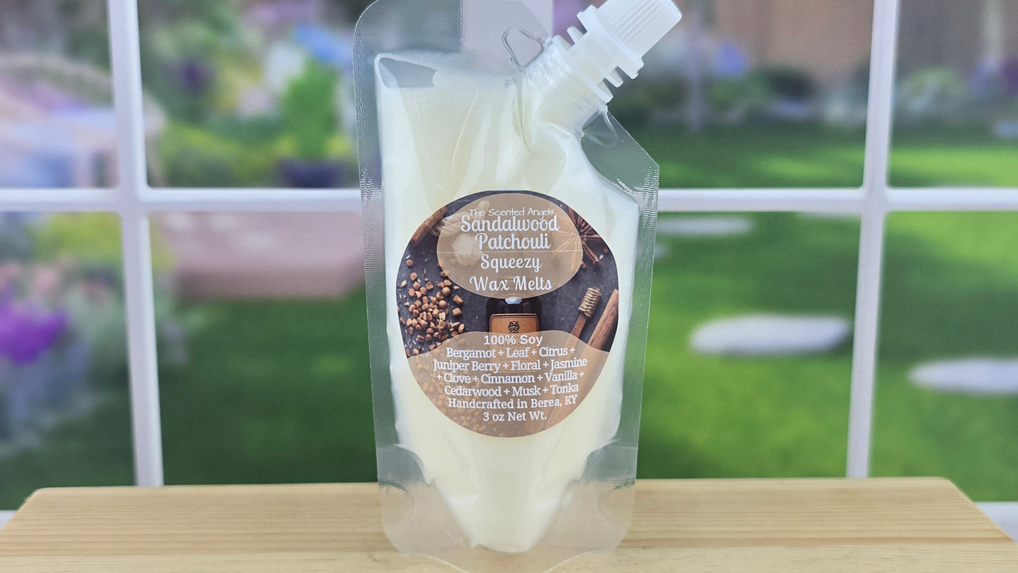 Sandalwood Patchouli wax melts handmade by The Scented Angels – warm earthy wood fragrance