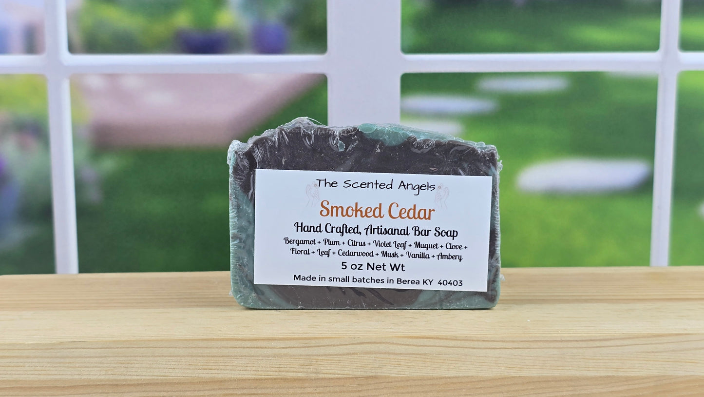 Smoked Cedar handmade vegan artisan soap by The Scented Angels featuring rich brown and earthy green swirls in a small-batch handcrafted bar.
