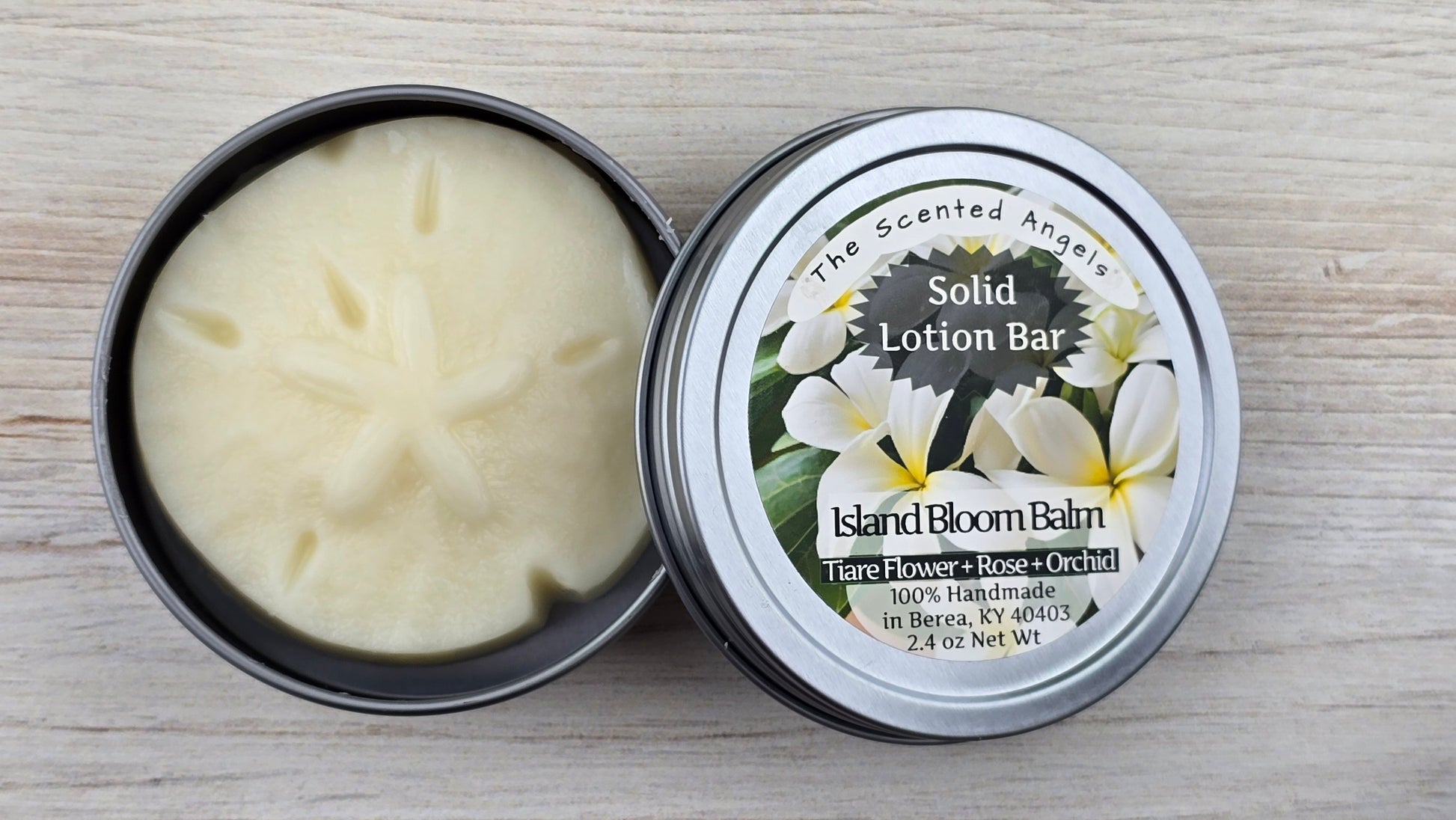 Solid Lotion Bar - Island Bloom Balm open in tin