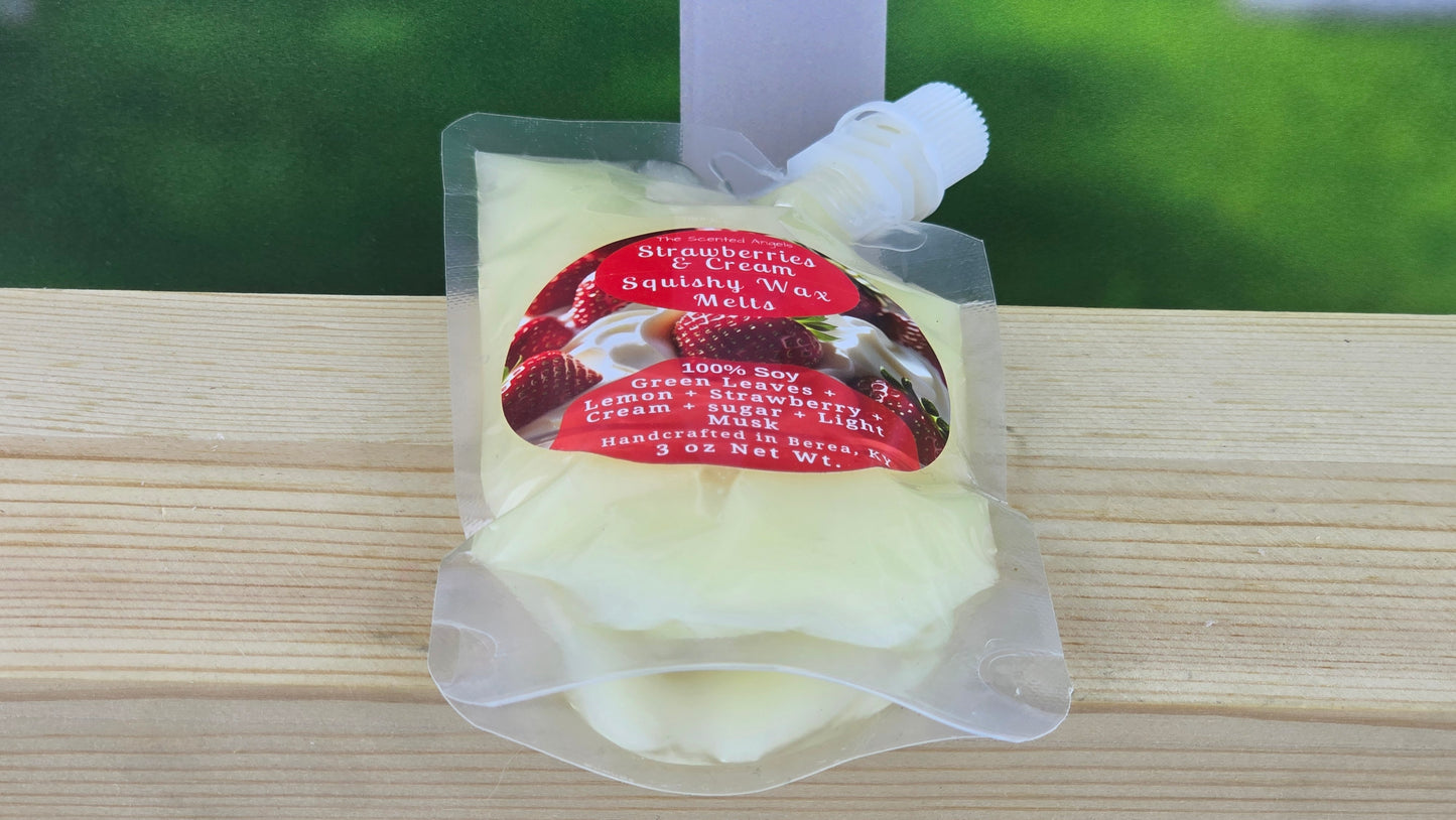 squeezable wax melt pouch laying on a wooden surface