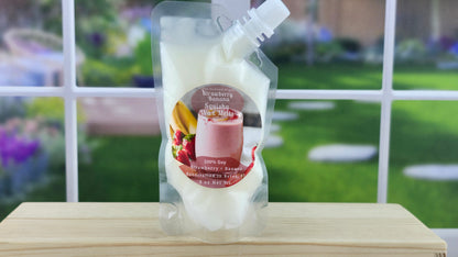 squeezable wax melt pouch standing on wooden surface