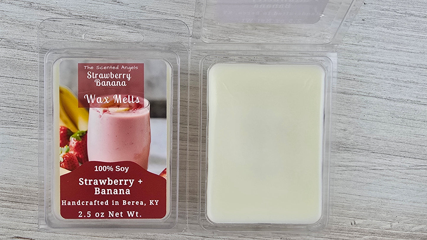 Strawberry banana wax melt packaging on a gray surface
