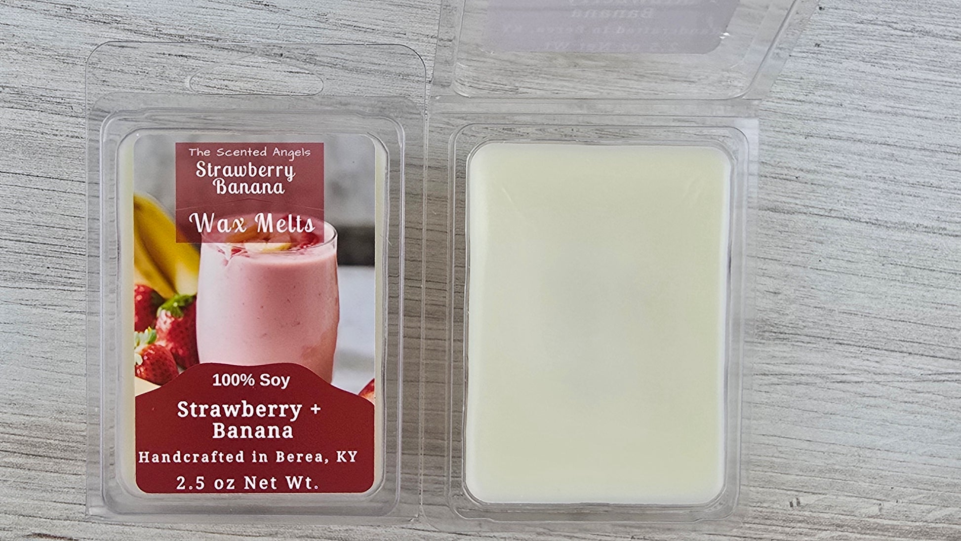 Strawberry banana wax melt packaging on a gray surface