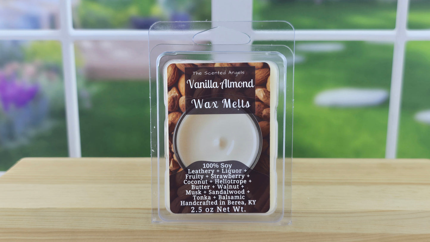 Vanilla Almond wax melt package on a wooden surface with a blurred outdoor background