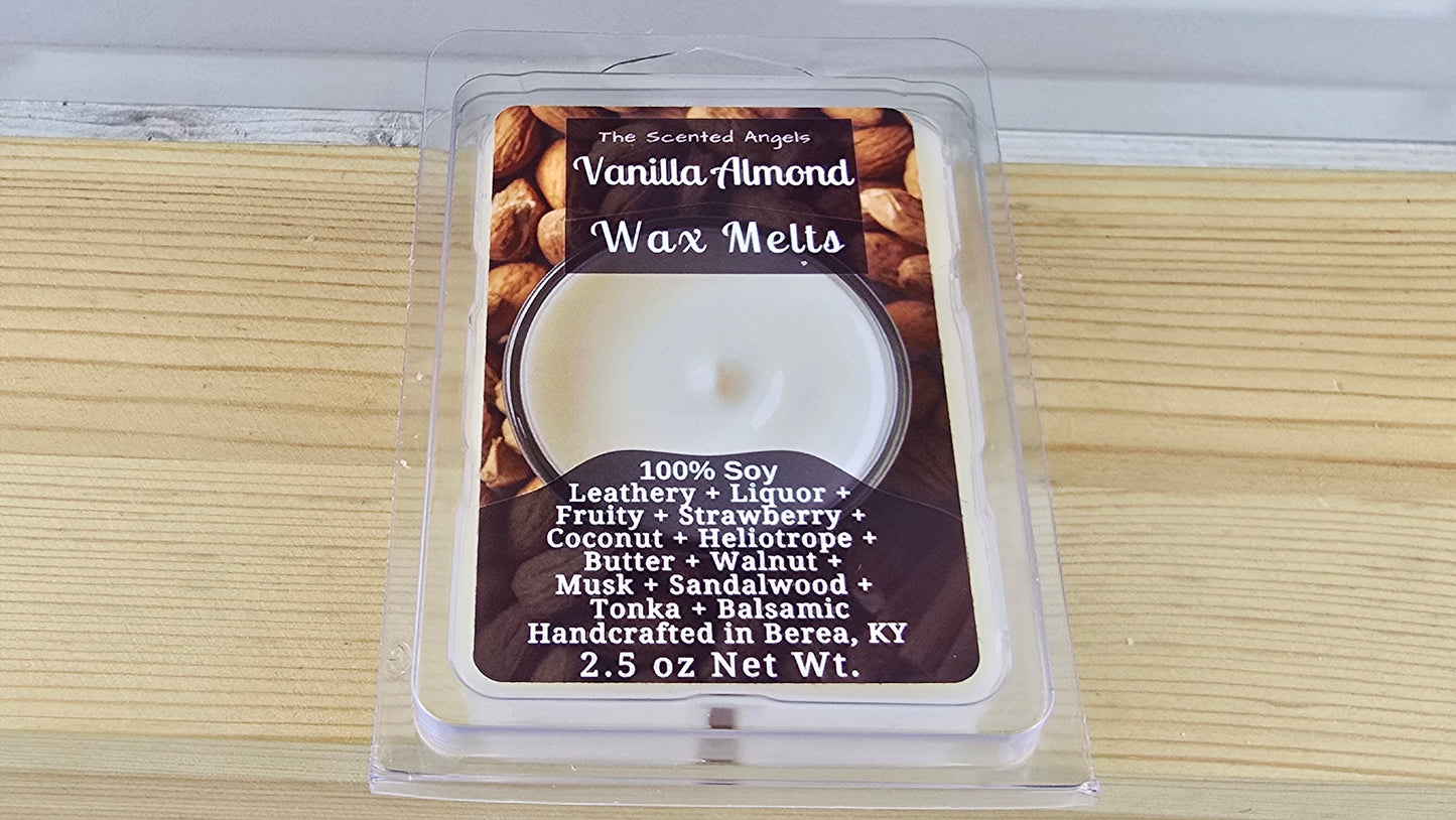 Packaged vanilla almond wax melts on a wooden surface