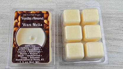Vanilla Almond wax melts packaging with six wax cubes on a wooden surface
