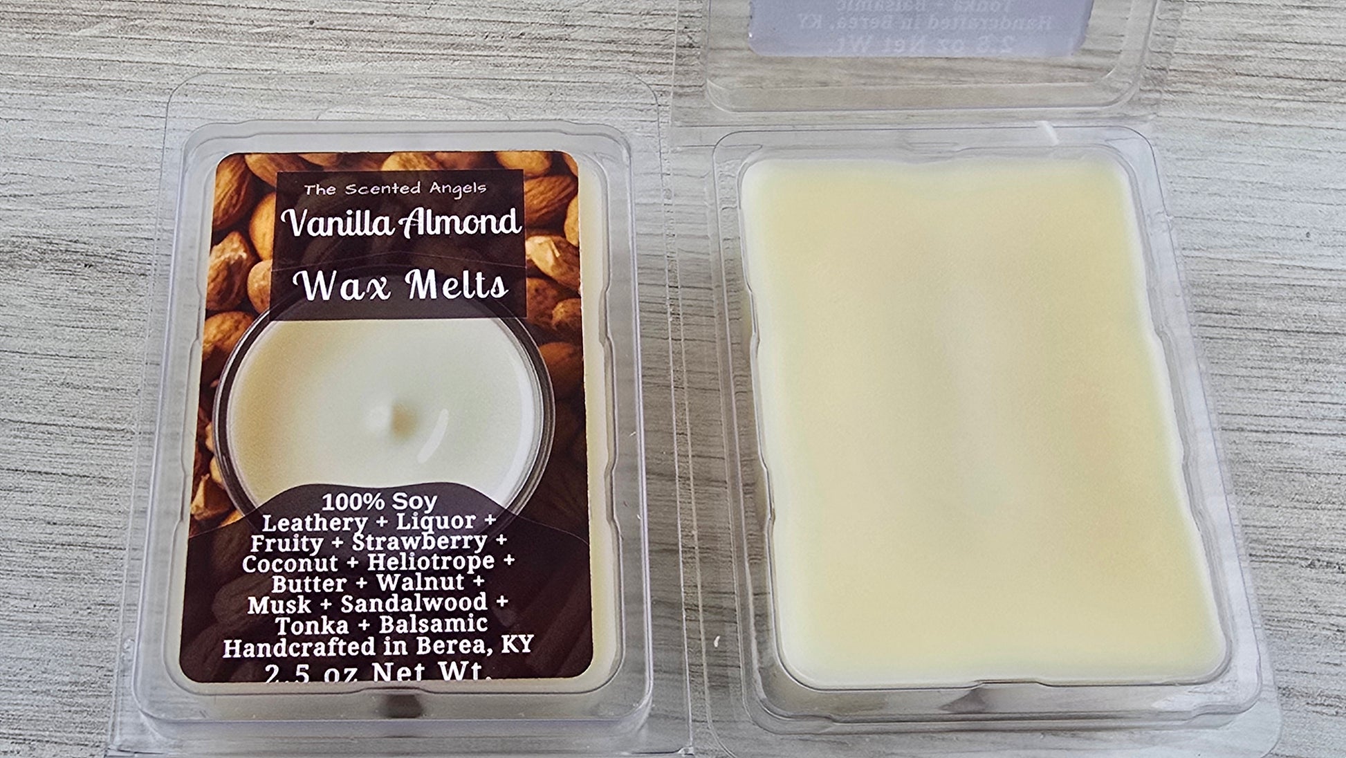 Vanilla Almond wax melts packaging on a wooden surface
