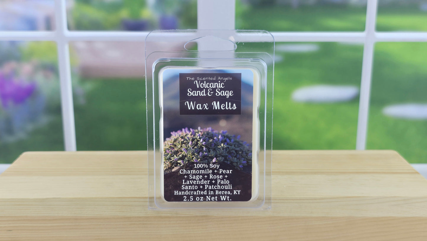 Volcanic Sand and Sage wax melts handmade by The Scented Angels – calming sage palo santo fragrance
