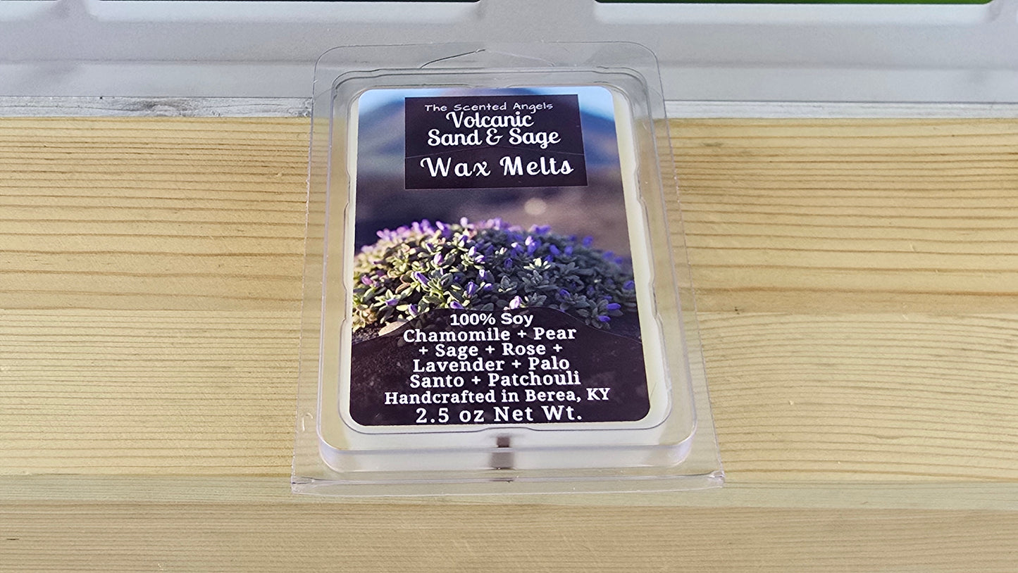 Volcanic Sand and Sage wax melts handmade by The Scented Angels – calming sage palo santo fragrance