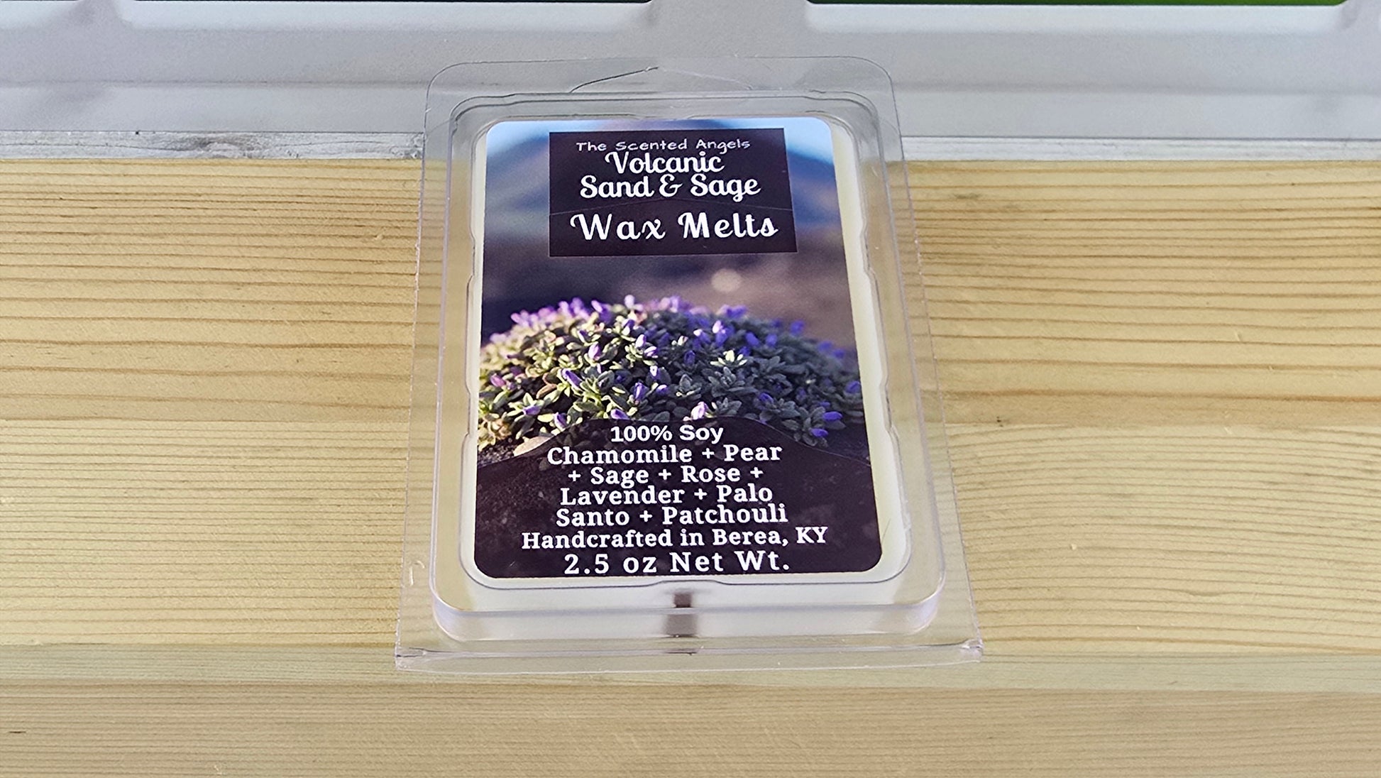 Volcanic Sand and Sage wax melts handmade by The Scented Angels – calming sage palo santo fragrance