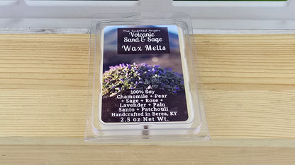 Volcanic Sand and Sage wax melts handmade by The Scented Angels – calming sage palo santo fragrance