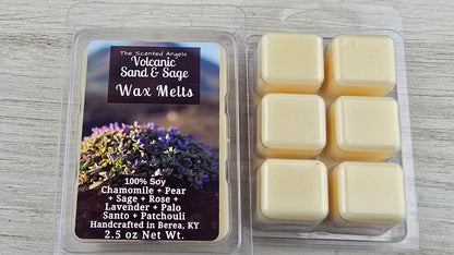 Volcanic Sand and Sage wax melts handmade by The Scented Angels – calming sage palo santo fragrance