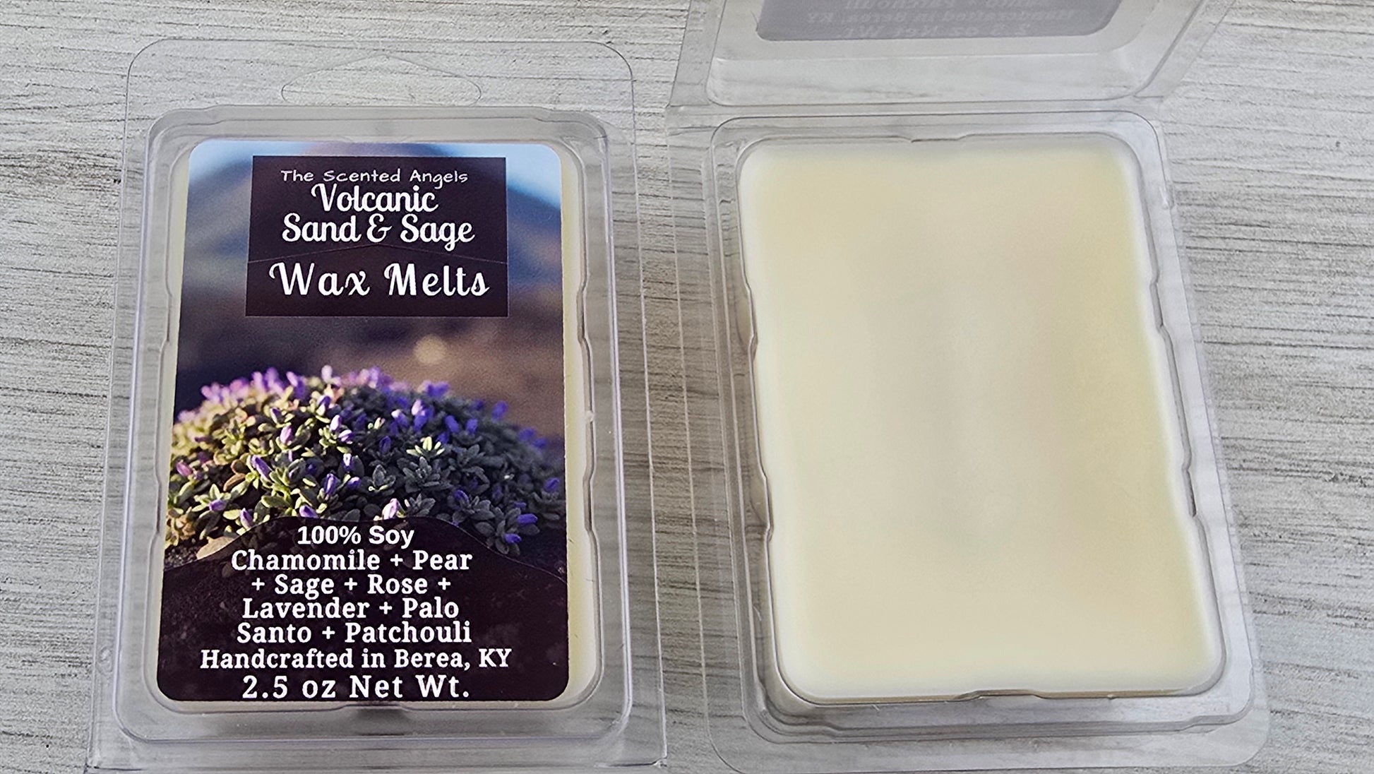 Volcanic Sand and Sage wax melts handmade by The Scented Angels – calming sage palo santo fragrance