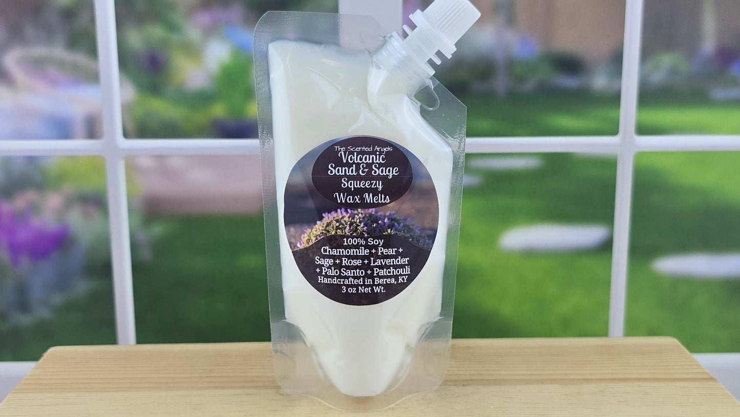 Volcanic Sand and Sage wax melts handmade by The Scented Angels – calming sage palo santo fragrance