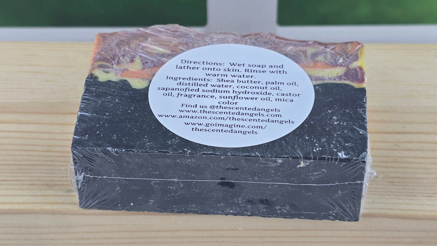 Bar of soap with a label on a wooden surface