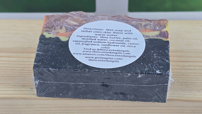 Bar of soap with a label on a wooden surface