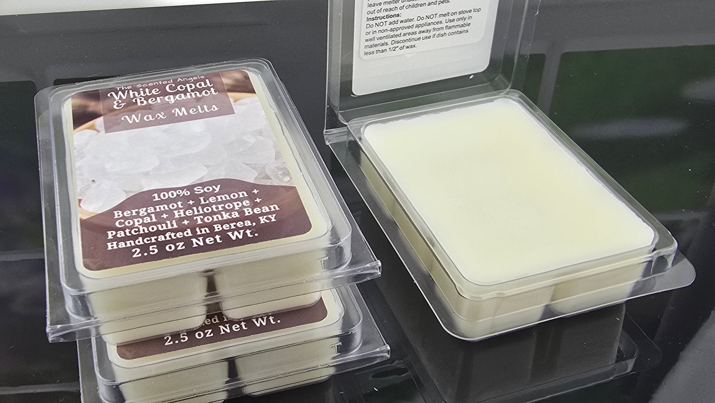 White Copal and Bergamot wax melts handmade by The Scented Angels – fresh citrus and copal fragrance