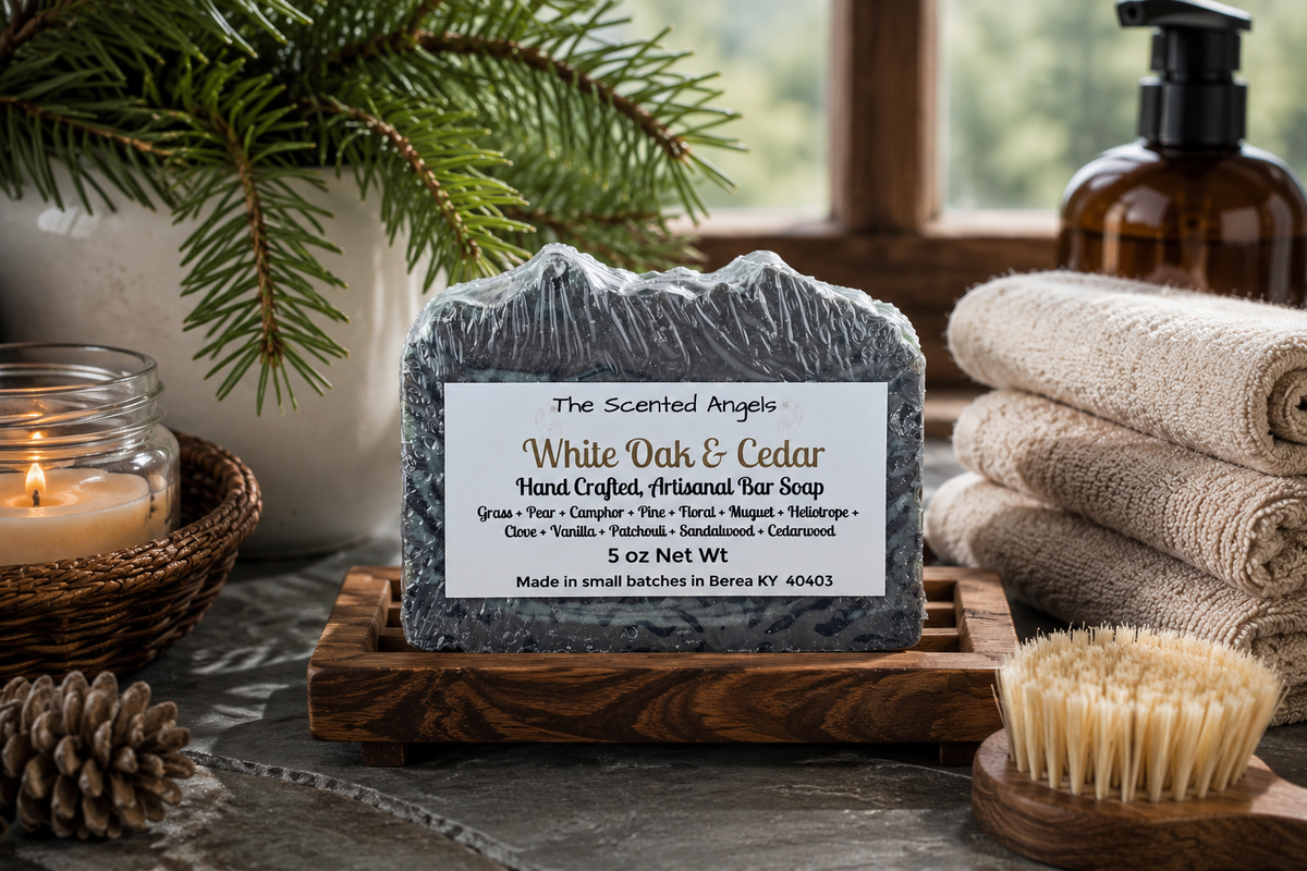 Handmade White Oak & Cedar vegan artisan soap by The Scented Angels featuring beautiful green and brown swirls in a small-batch handcrafted bar.