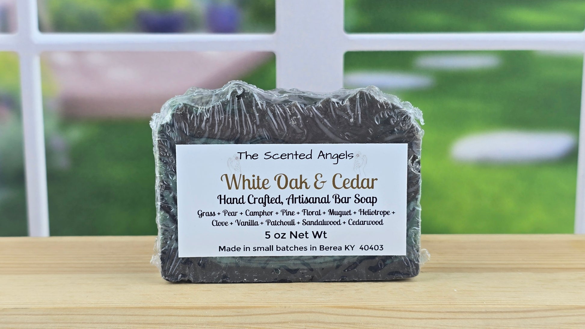 Handmade White Oak & Cedar vegan artisan soap by The Scented Angels featuring beautiful green and brown swirls in a small-batch handcrafted bar.