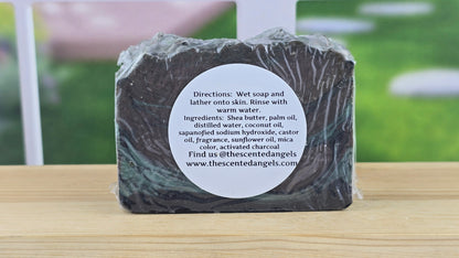 Handmade White Oak & Cedar vegan artisan soap by The Scented Angels featuring beautiful green and brown swirls in a small-batch handcrafted bar.