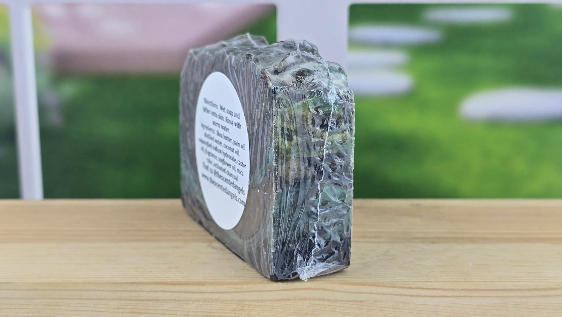 Handmade White Oak & Cedar vegan artisan soap by The Scented Angels featuring beautiful green and brown swirls in a small-batch handcrafted bar.
