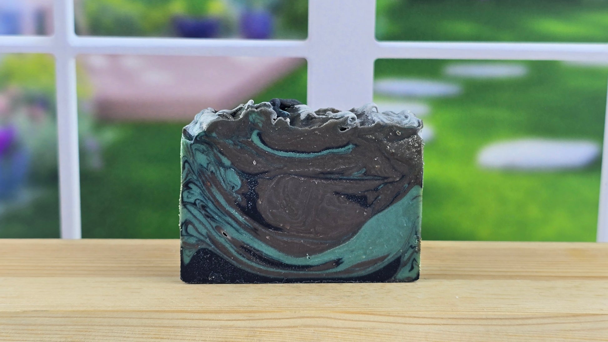 Handmade White Oak & Cedar vegan artisan soap by The Scented Angels featuring beautiful green and brown swirls in a small-batch handcrafted bar.