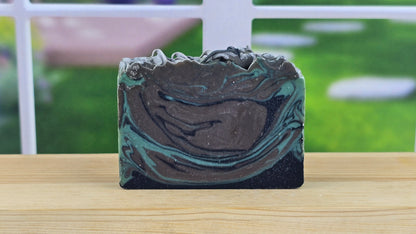 Handmade White Oak & Cedar vegan artisan soap by The Scented Angels featuring beautiful green and brown swirls in a small-batch handcrafted bar.