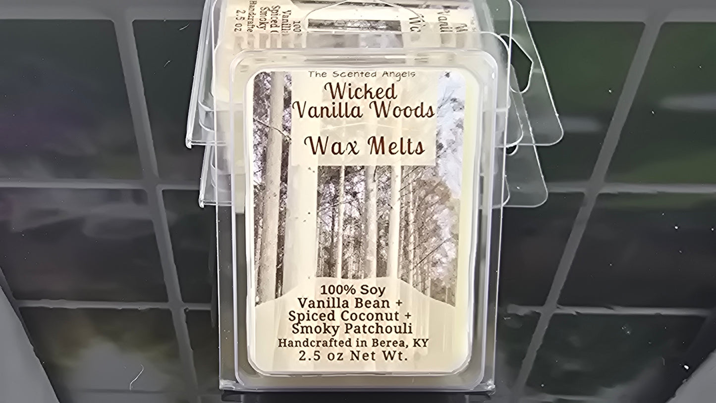 Wicked Vanilla Woods wax melts handmade by The Scented Angels – vanilla caramel woodsy fragrance