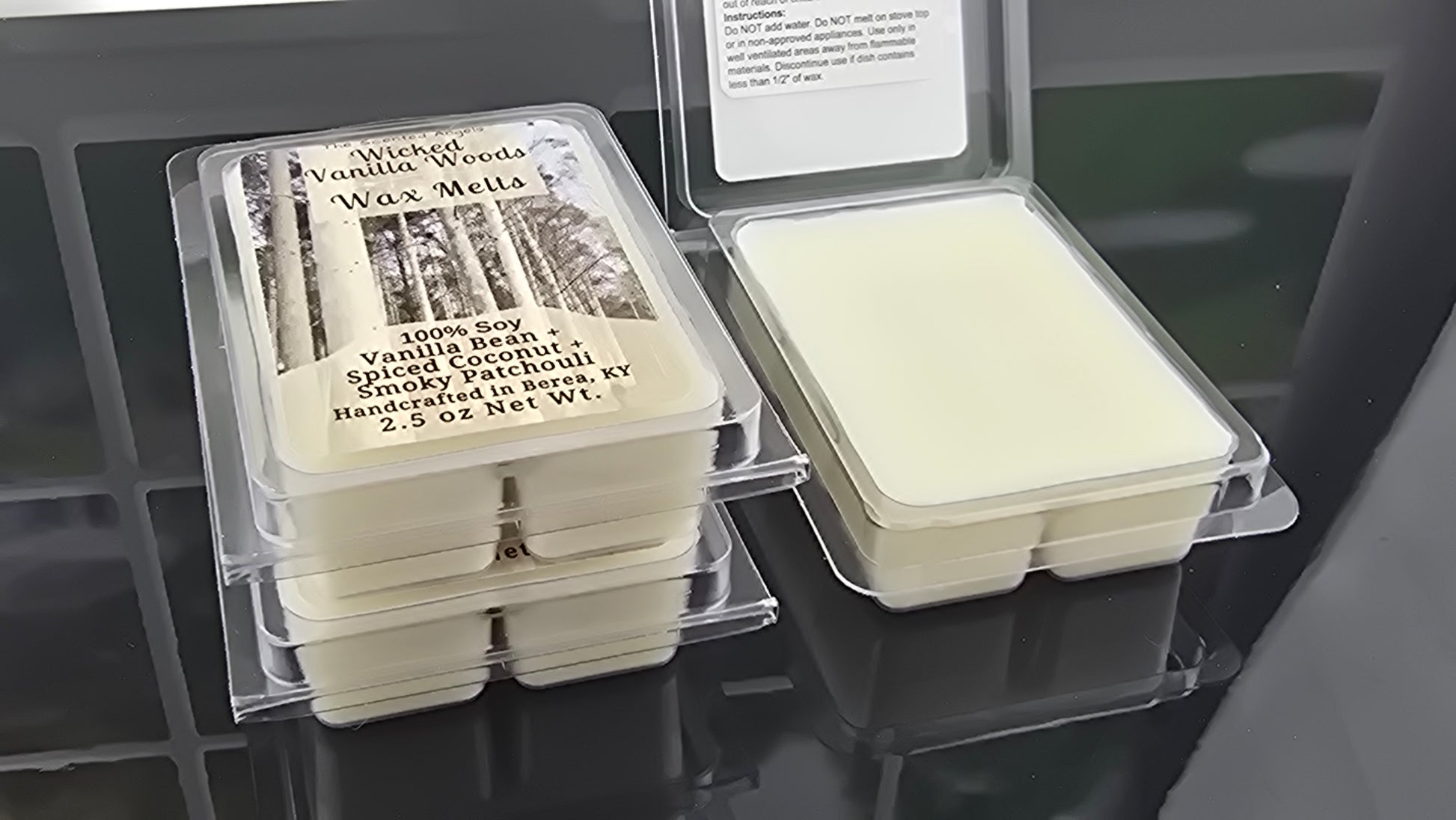 Wicked Vanilla Woods wax melts handmade by The Scented Angels – vanilla caramel woodsy fragrance
