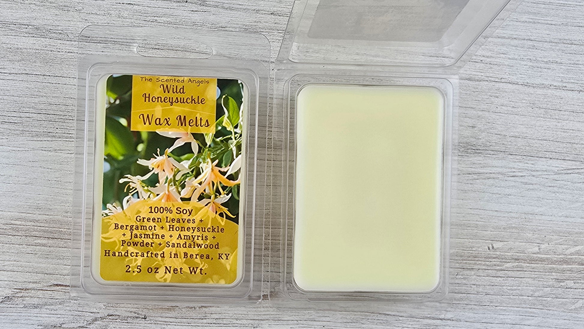 Wax melt packaging with label on a wooden surface